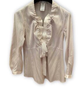 Celine Open Front Silk Pin Striped Low Bow  Blouse